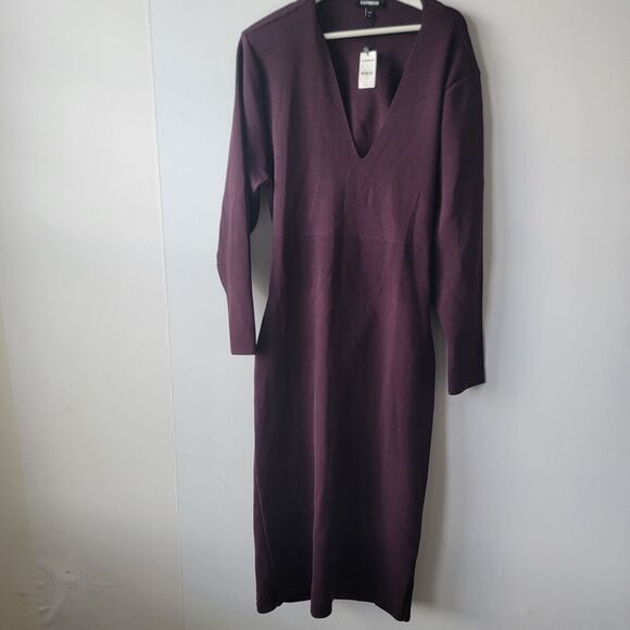Express womens V-Neck Sweater Dress sz XL Padded Shoulder Back Cutout Midi - Picture 1 of 7